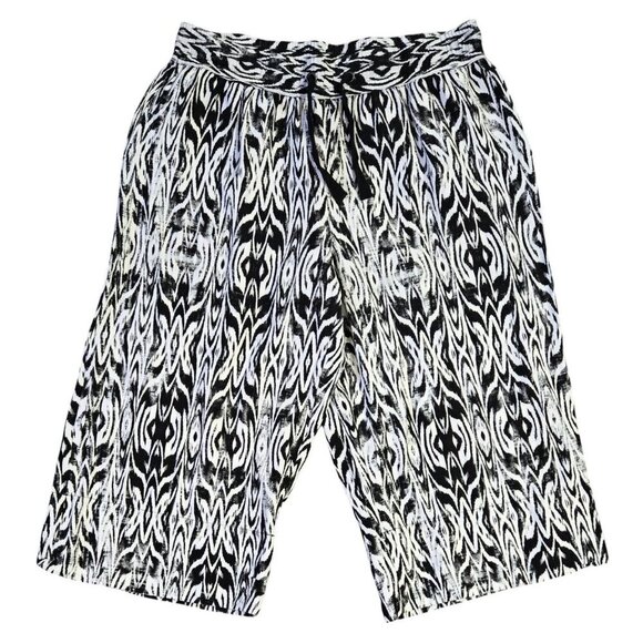 Roamans Linen Blend White Black Abstract Boho Pull On Wide Leg Cropped Pants - Picture 1 of 10